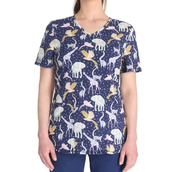 Scrubstar Women's Size L Magical Menagerie V-Neck Print Scrub Top Navy Blue - Picture 1 of 5